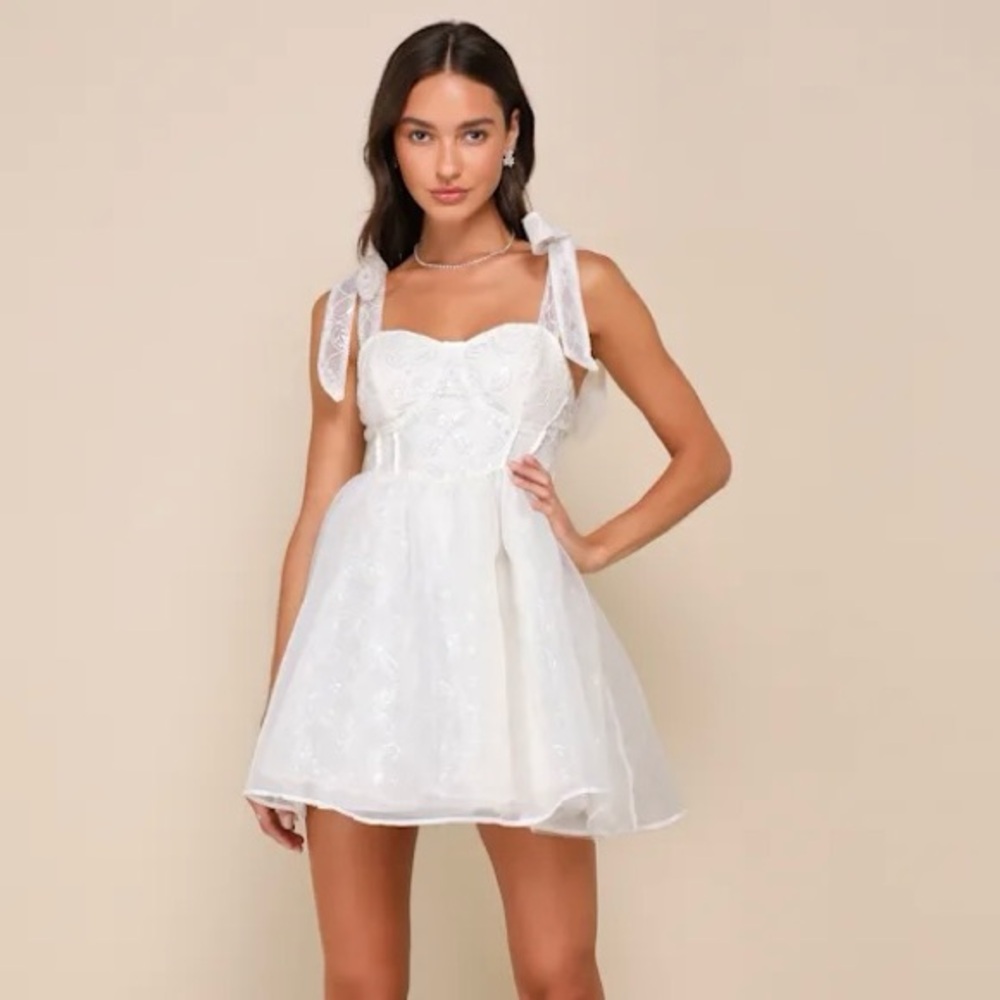 NWT Lulus Iconic Bliss Cream Sequin Textured Bustier Tie-Strap Mini Dress